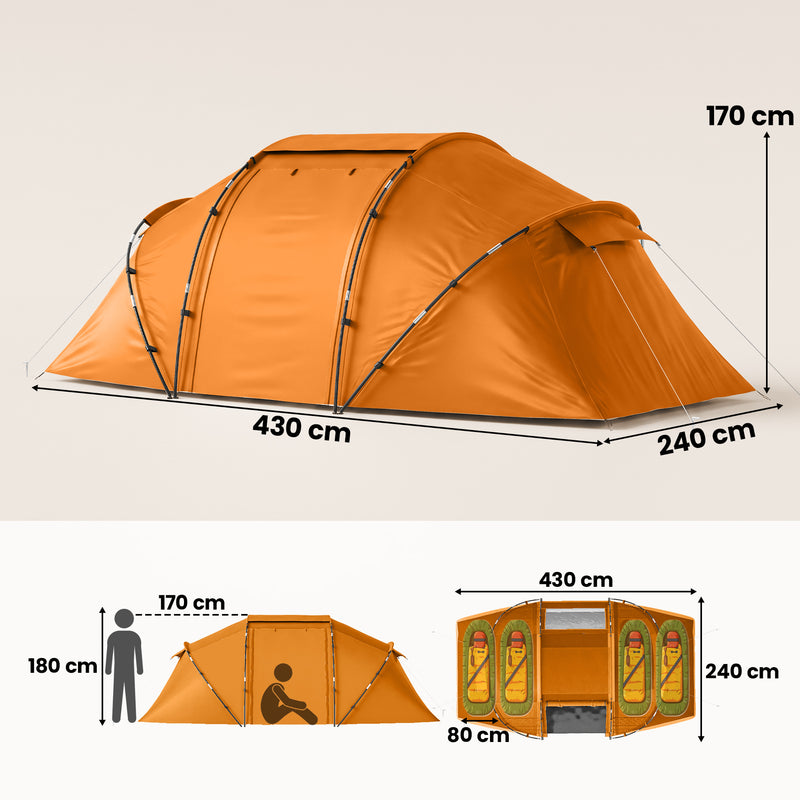 Outsunny 4 Man Camping Tent, UV Protection Tunnel Tent with 2 Bedrooms and Living Area, Large Hiking Sun Shelter, 430 x 240 x 170 cm, Orange