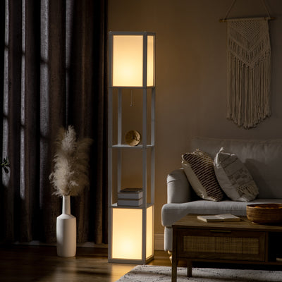 Tall Floor Lamp With 3 Tier Shelving Unit for Living Room or Bedroom Storage, White