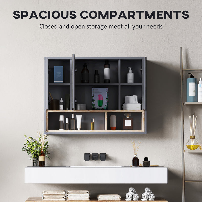 Grey Wall Mounted Bathroom Mirror Cabinet With 3 Doors and Storage by HOMCOM