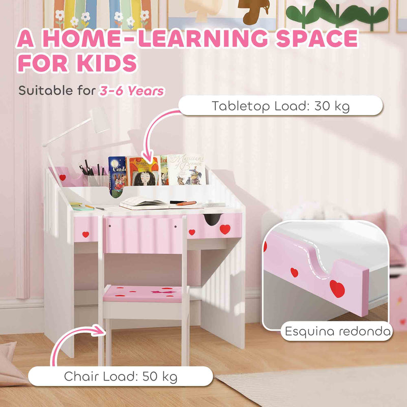 Pink Kids Study Table and Chair Set With Storage and Pull-Out Drawer for Ages 3-6 by AIYAPLAY