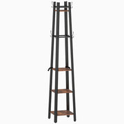 Industrial Coat Stand with 8 Hooks and 4 Storage Shelves for Hallway Organisation, Rustic Brown