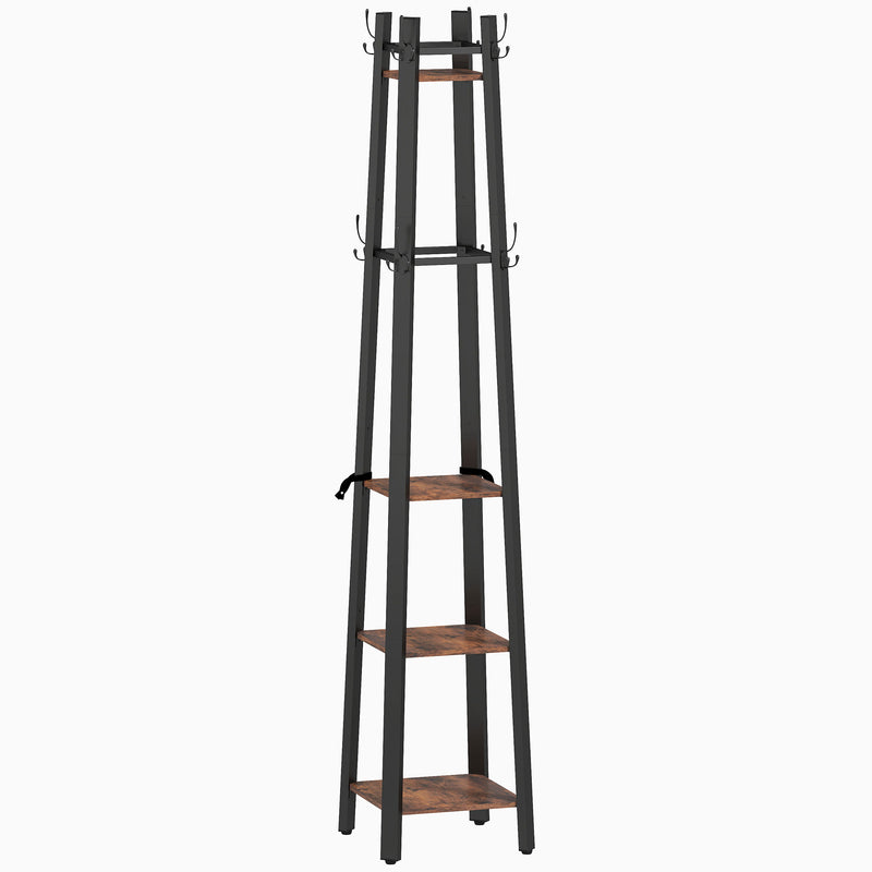 Industrial Coat Stand with 8 Hooks and 4 Storage Shelves for Hallway Organisation, Rustic Brown