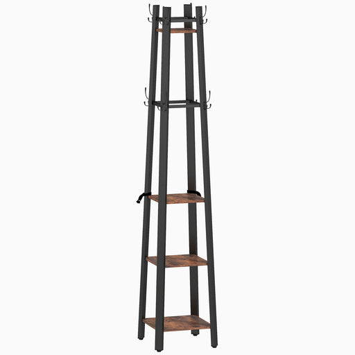 Industrial Coat Stand with 8 Hooks and 4 Storage Shelves for Hallway Organisation, Rustic Brown