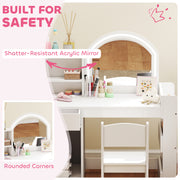 Kids Vanity Table Set with LED Mirror Storage Shelves and Chair for Girls Bedroom White