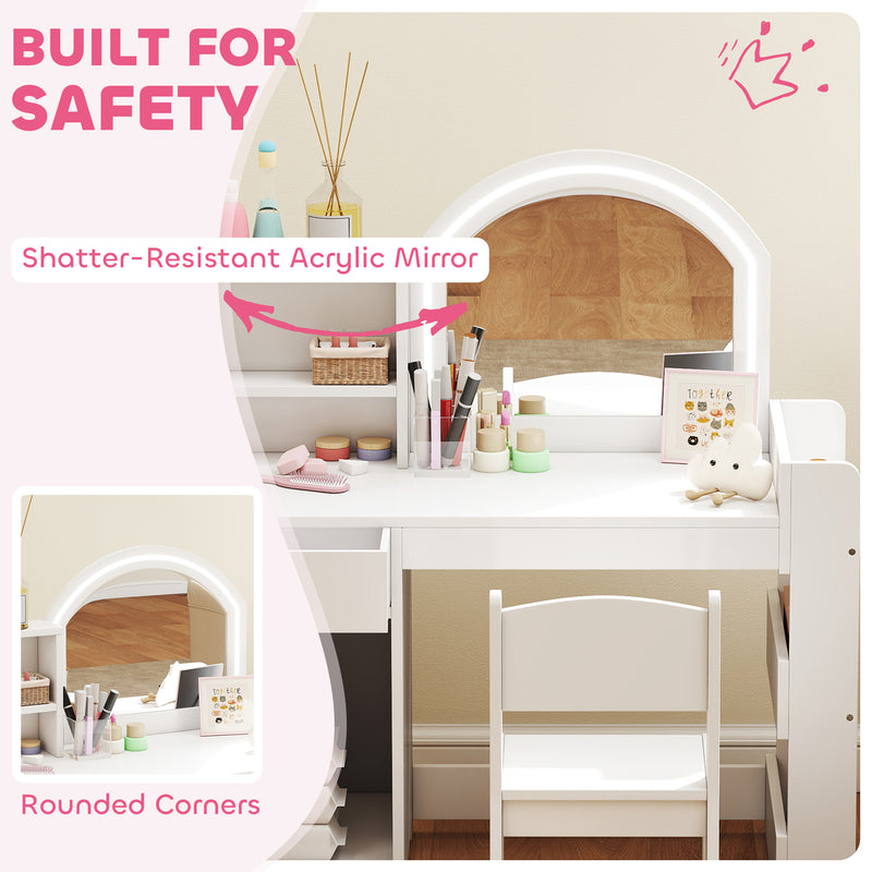 Kids Vanity Table Set with LED Mirror Storage Shelves and Chair for Girls Bedroom White