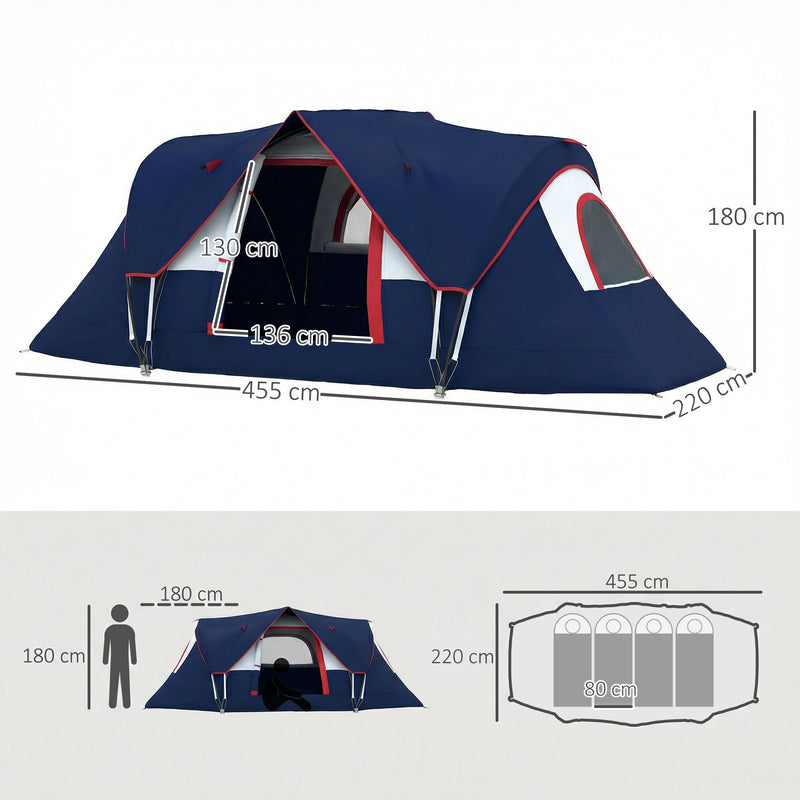 Large Family Tunnel Camping Tent With Rainfly, Groundsheet & Mesh Windows, Navy Blue