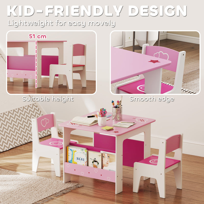 3 Piece Kids Table and Chair Set With Storage Shelves For Playroom Or Nursery Pink AOSOM