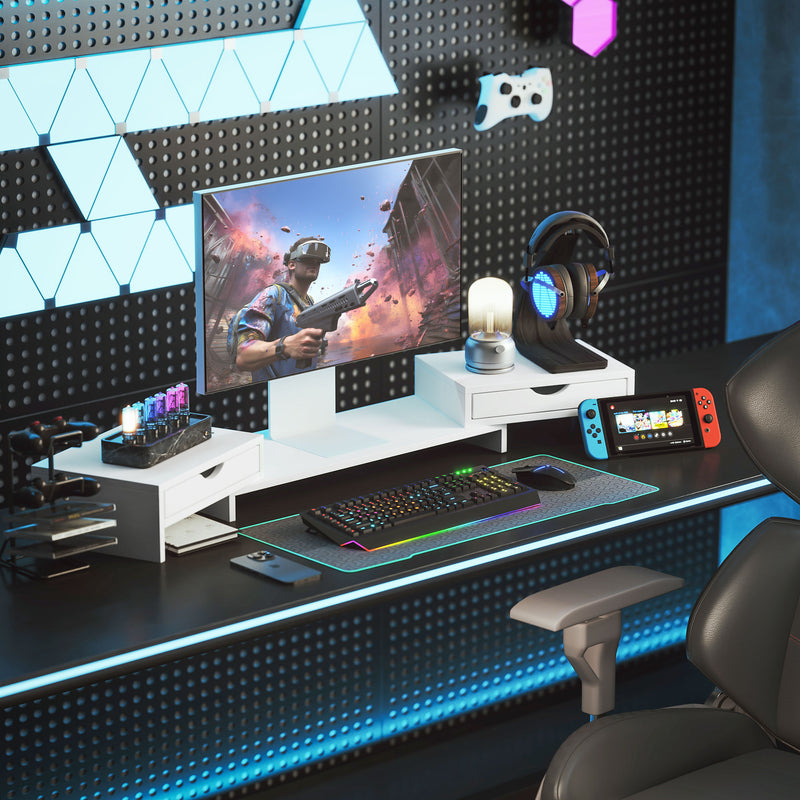 White Dual Monitor Stand Riser with Adjustable Length and Storage Drawers by HOMCOM AOSOM