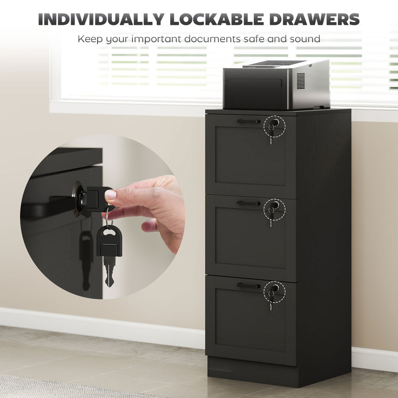 Black Lockable 3 Drawer Office Filing Cabinet With Smooth Rolling Wheels For Home Office 40W x 40D x 101H cm