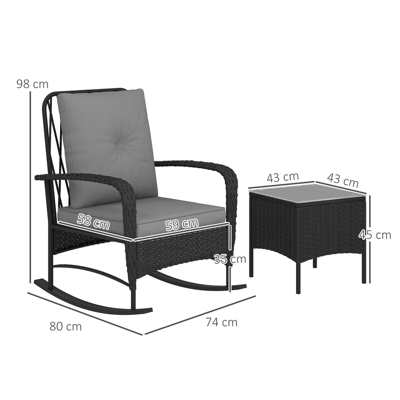 Three Piece Rattan Rocking Chair Bistro Set Black by Outsunny