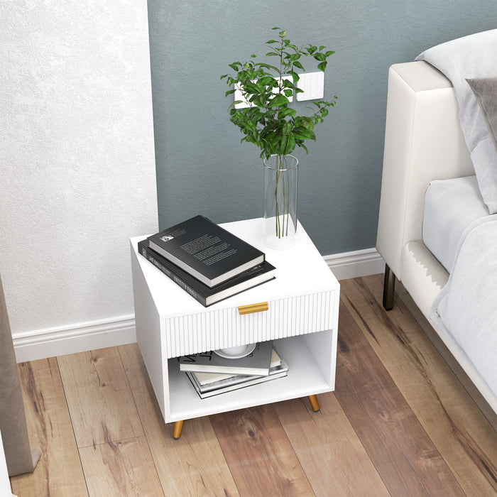 White Bedside Table with Gold Legs, Drawer and Shelf Elegant Design by HOMCOM