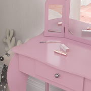 Kids Dressing Table Set with Tri Folding Mirror Drawer and Stool for Bedrooms Pink