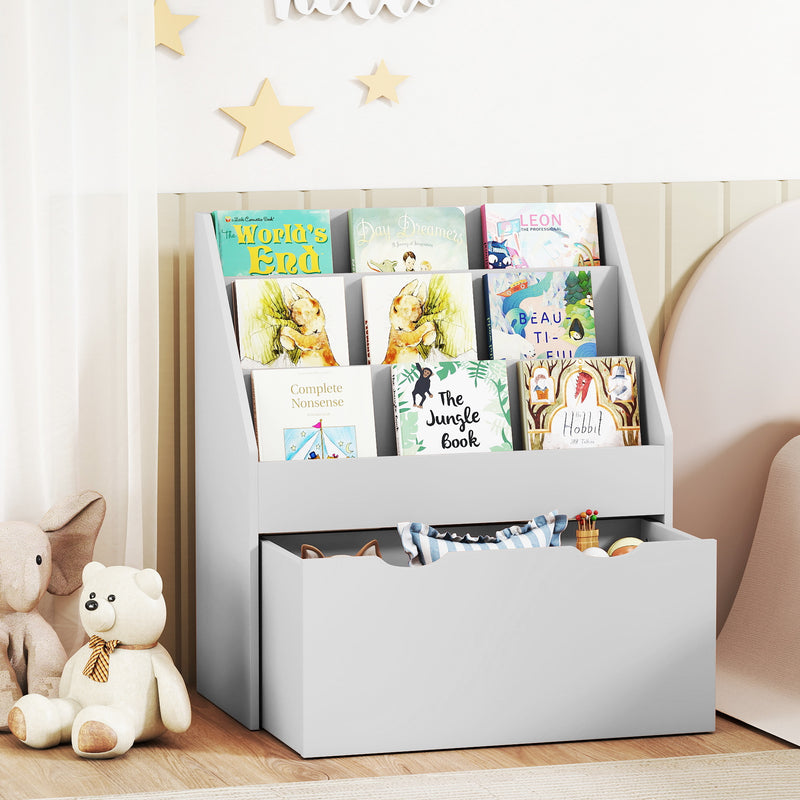 Kids Bookcase with Shelves and Drawer for Bedroom or Playroom Storage Grey