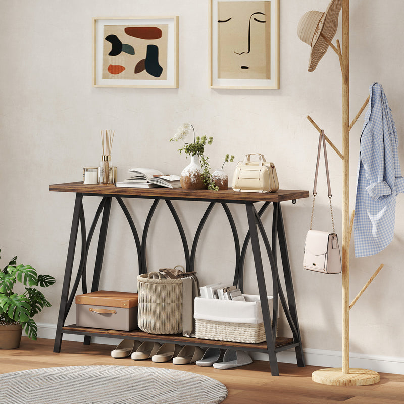 Industrial Hallway Table For Narrow Spaces - Black Metal Frame & Rustic Brown Shelf - L120 x W30 x H80cm