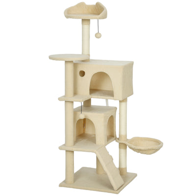 Large Cat Tree Tower with Hammock Condos and Scratching Posts for Indoor Cats Beige AOSOM