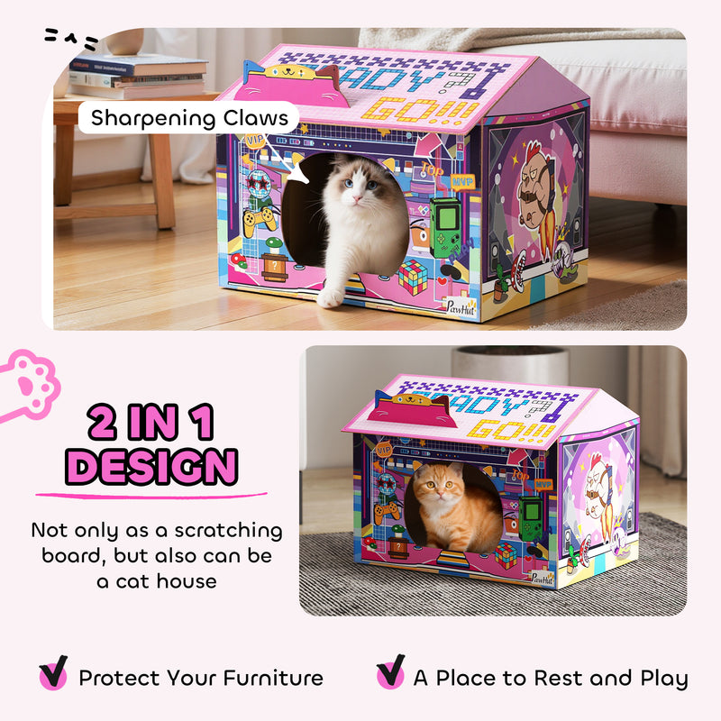 2 in 1 Cardboard Cat House With Scratching Board and Catnip For Indoor Play, Pink AOSOM