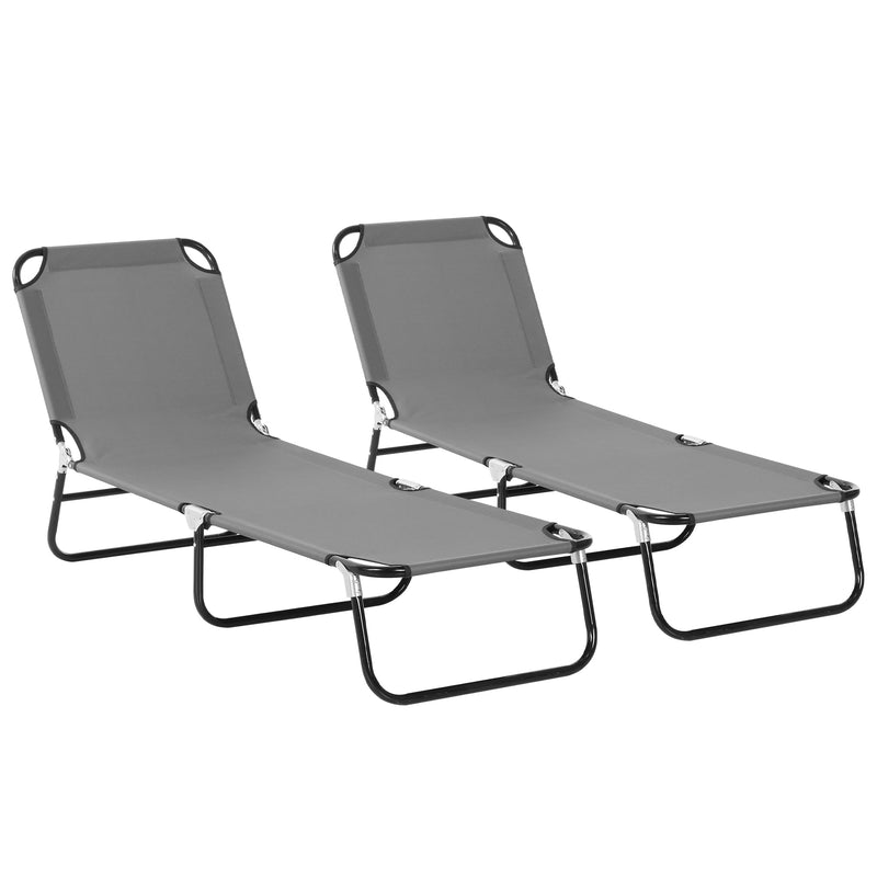 2 Pack Folding Sun Loungers with 5 Position Recline and Breathable Mesh for Garden Use Grey AOSOM