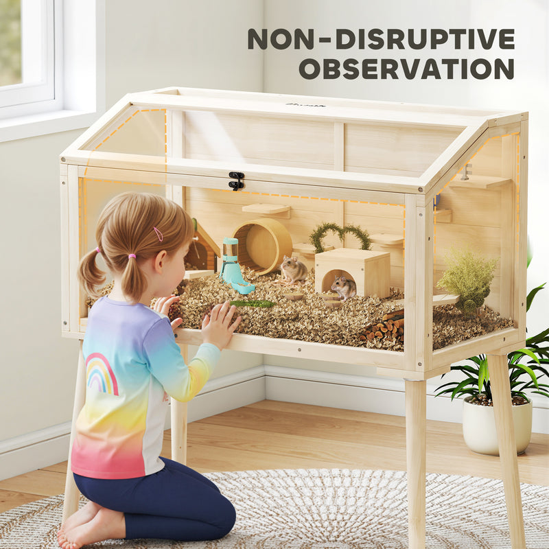 Large Wooden Hamster Cage With Seesaws Platforms and Water Bottle for Gerbils Natural AOSOM