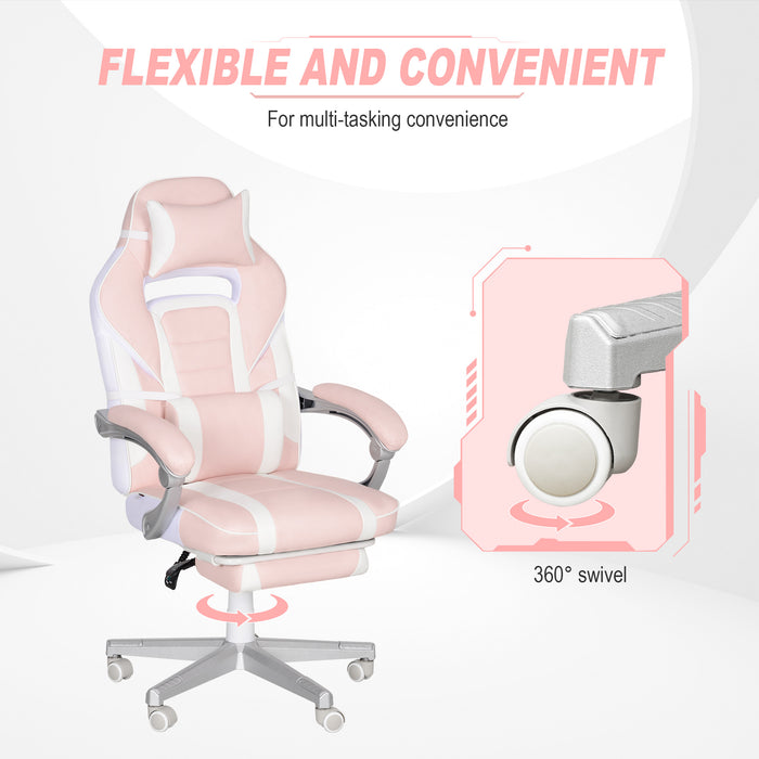 Pink and White Leather Reclining Gaming Chair With Footrest by HOMCOM