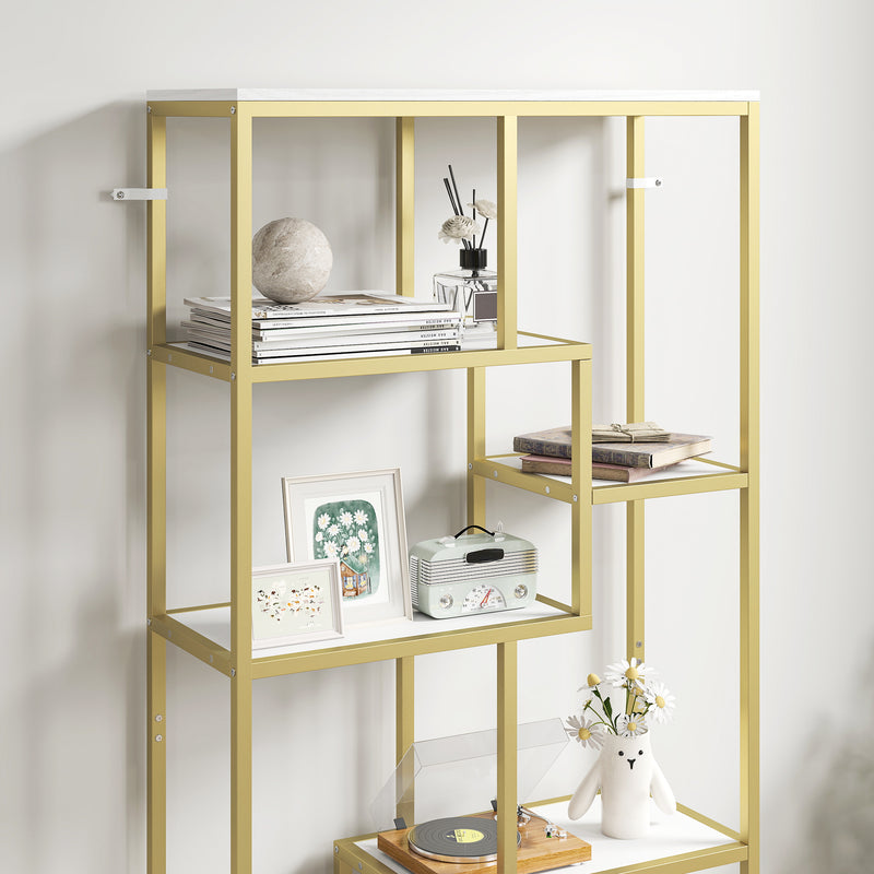 Elegant Gold Geometric Bookcase With 7 Tiered Open Shelves For Display And Storage, 80W x 30D x 180H cm