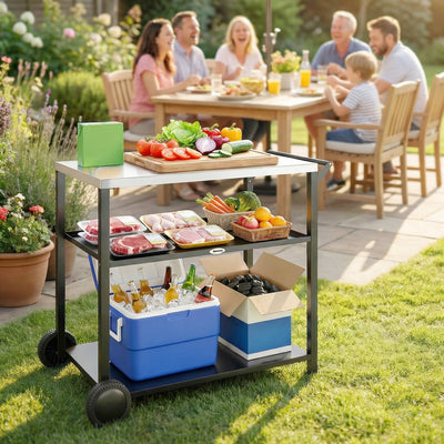 Outdoor BBQ Prep Table with Stainless Steel Top and Shelves for Easy Garden Cooking Black Outsunny