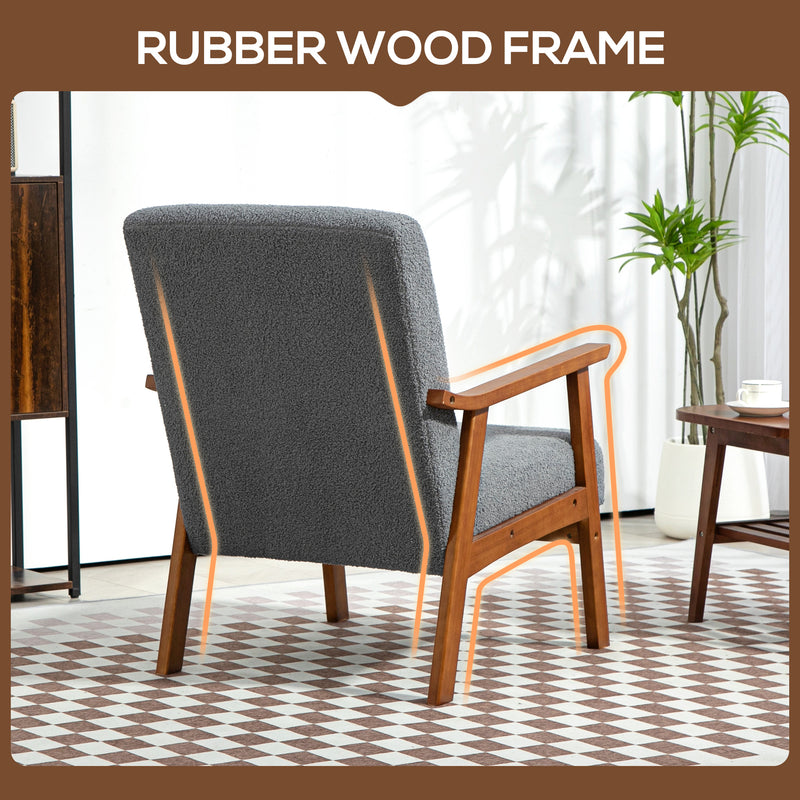 Grey Boucle Armchair with Wide Seat and Wooden Frame for Living Room or Bedroom by Homcom