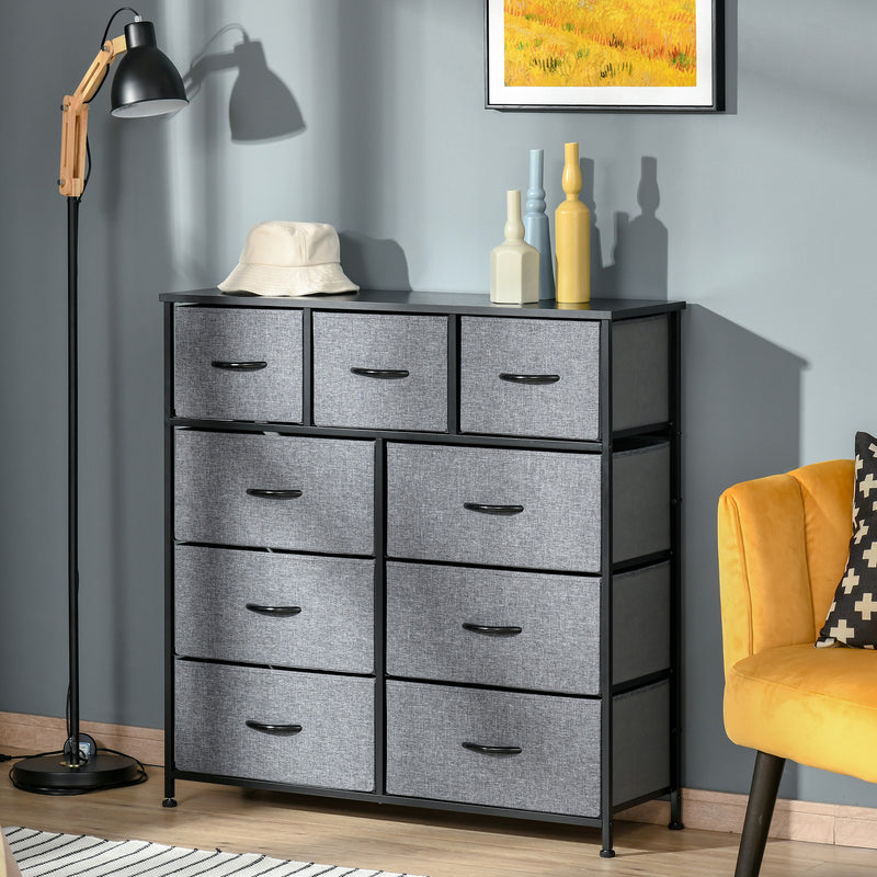 Nine Drawer Storage Dresser With Fabric Bins For Bedroom or Living Room, Grey