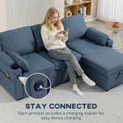 Corner Sofa Bed with Storage and USB Charging for Small Living Rooms Blue AOSOM
