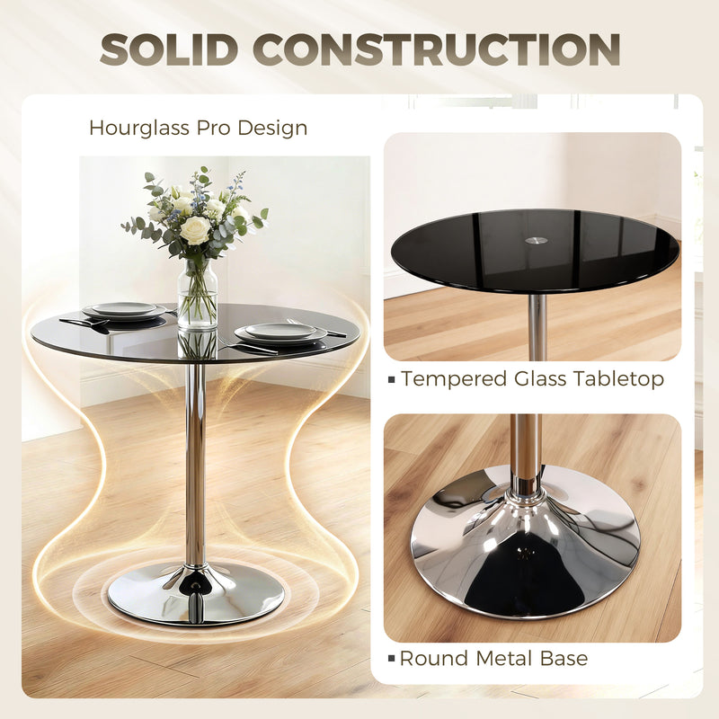 2 Seat Round Black Glass Dining Table for Small Spaces with Stable Metal Base