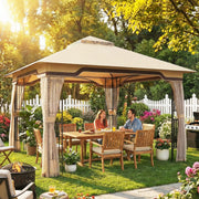 3.3 x 3.3m Metal Garden Gazebo with Mesh Sides for Shade and Insect Protection, Khaki Outsunny