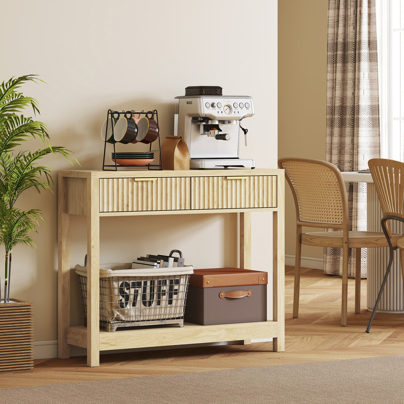 Modern Console Table with Fluted Drawers and Shelf for Hallway or Living Room, Natural Wood Finish