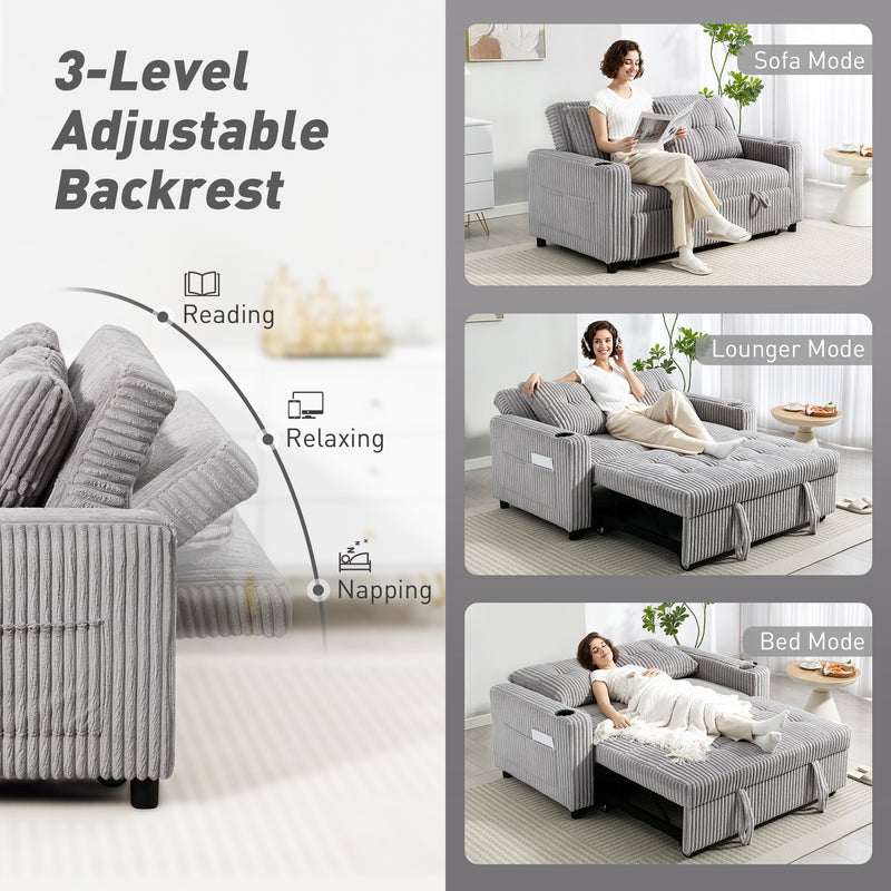 2 Seater Click Clack Sofa Bed With Pull Out Design For Guests Corduroy Upholstery Light Grey