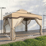 3x3.6m Metal Garden Gazebo with Mesh Sides for Shade and Insect Protection Double Roof, Khaki Outsunny