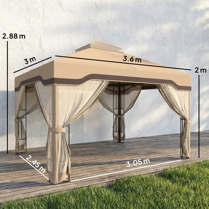3x3.6m Metal Garden Gazebo with Mesh Sides for Shade and Insect Protection Double Roof, Khaki Outsunny