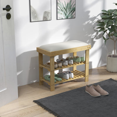 Cream White Bamboo Shoe Bench With Cushion And 3 Tier Rack For Hallway Or Bedroom