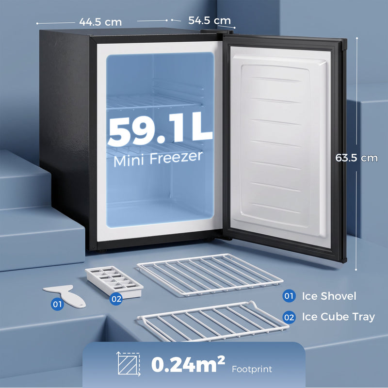 Mini freezer measurements with door open, wire shelves, ice shovel and ice cube tray shown below