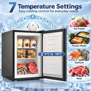 Temperature dial graphic with 7 settings and food storage examples inside the open freezer