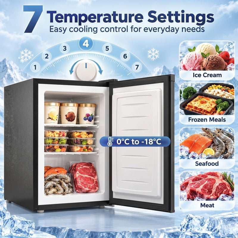 Temperature dial graphic with 7 settings and food storage examples inside the open freezer