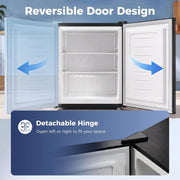 Detachable hinge graphic showing the freezer door can open from either side