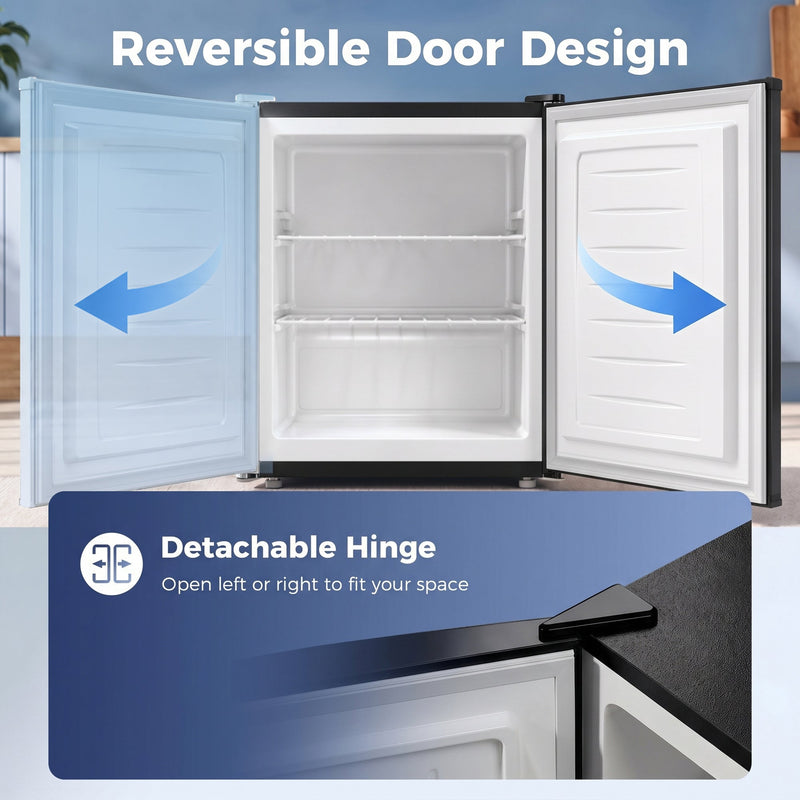 Detachable hinge graphic showing the freezer door can open from either side