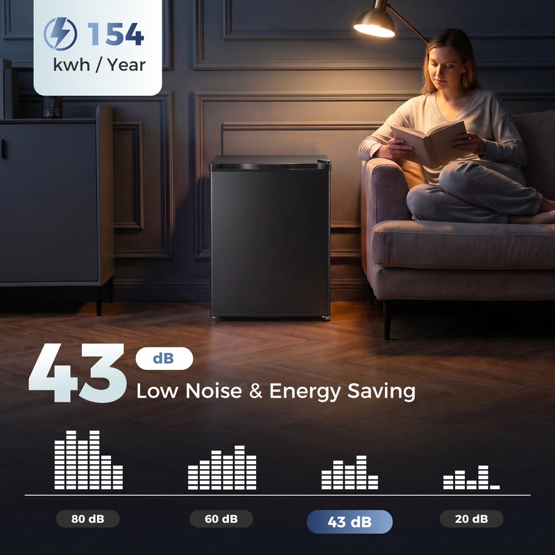Low noise and energy use graphic with the freezer next to a reading chair at night