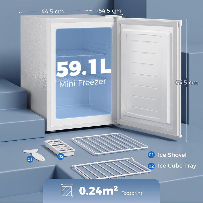 Dimensions diagram: 44.5 cm wide, 54.5 cm deep, 63.5 cm high, 59.1L capacity and 0.24 square metre footprint, with ice shovel and ice cube tray