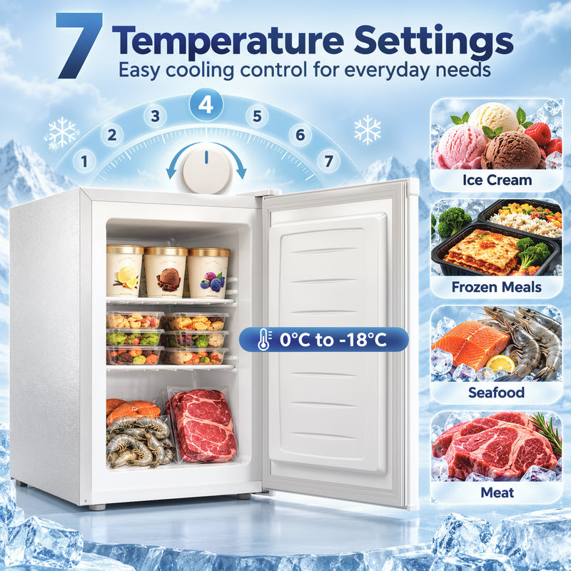 7 temperature settings dial from 0C to -18C beside ice cream, frozen meals, seafood and meat