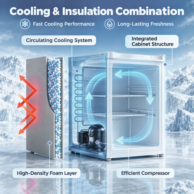 Cutaway showing the circulating cooling system, high-density foam layer and compressor