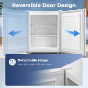 Reversible door diagram with detachable hinge, door opening left or right