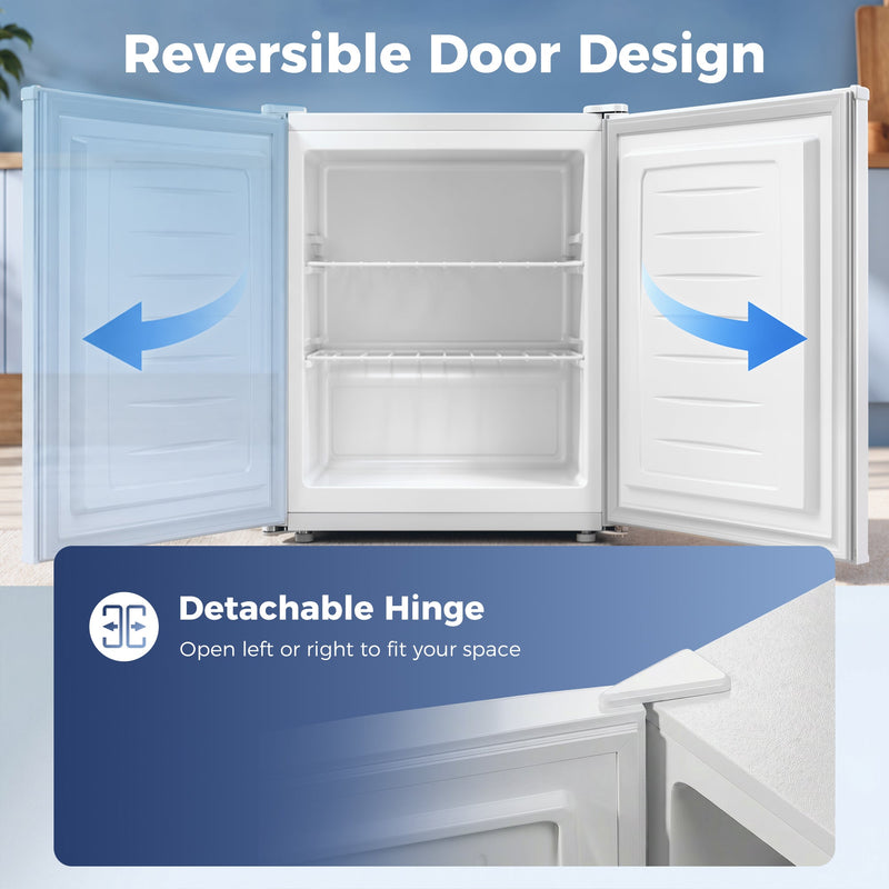 Reversible door diagram with detachable hinge, door opening left or right