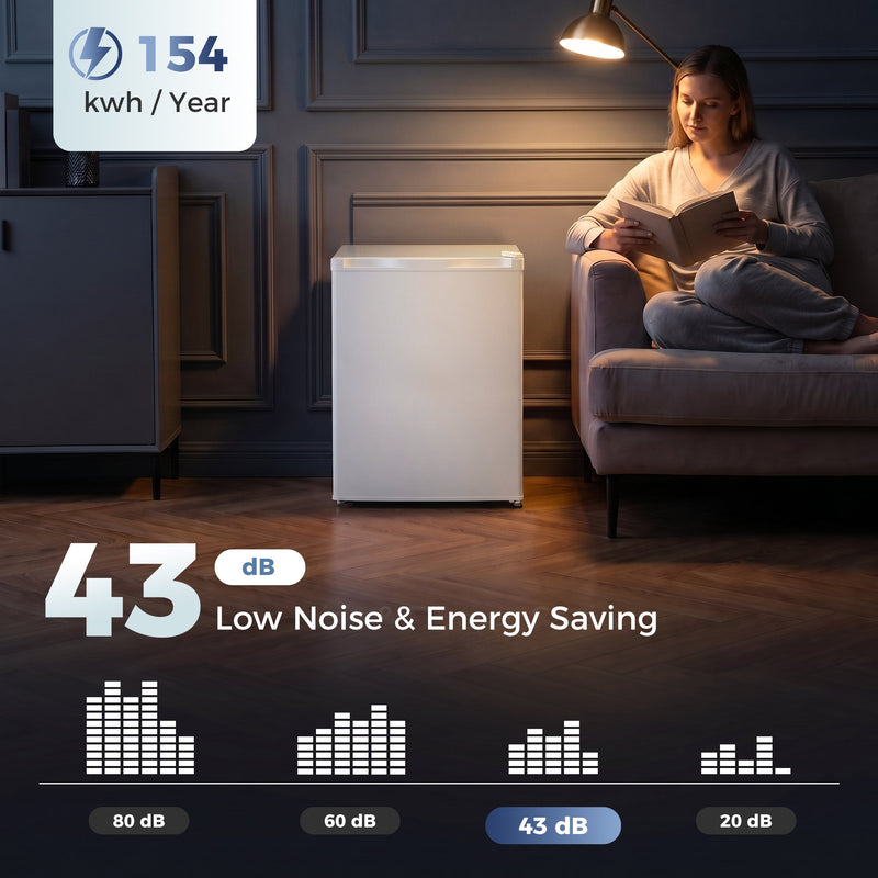 Mini freezer in a dim living room with 154 kWh per year and 43 dB noise level callouts