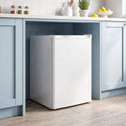 Mini freezer standing in a gap beneath a kitchen worktop with blue cabinets