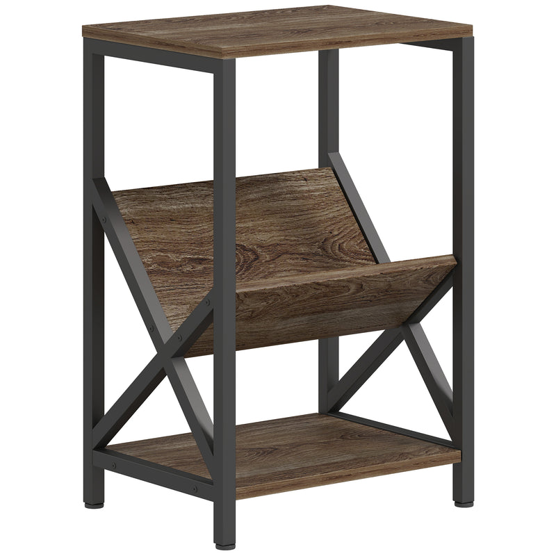 Narrow Side Table with 3 Tier Storage and Magazine Rack for Living Room or Bedroom Oak