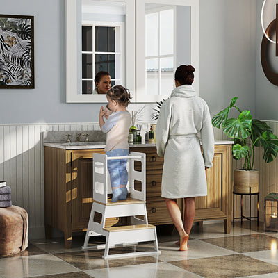 White 2-in-1 Toddler Tower with Chalkboard and Safety Rail for Kitchen and Bathroom by AIYAPLAY AOSOM